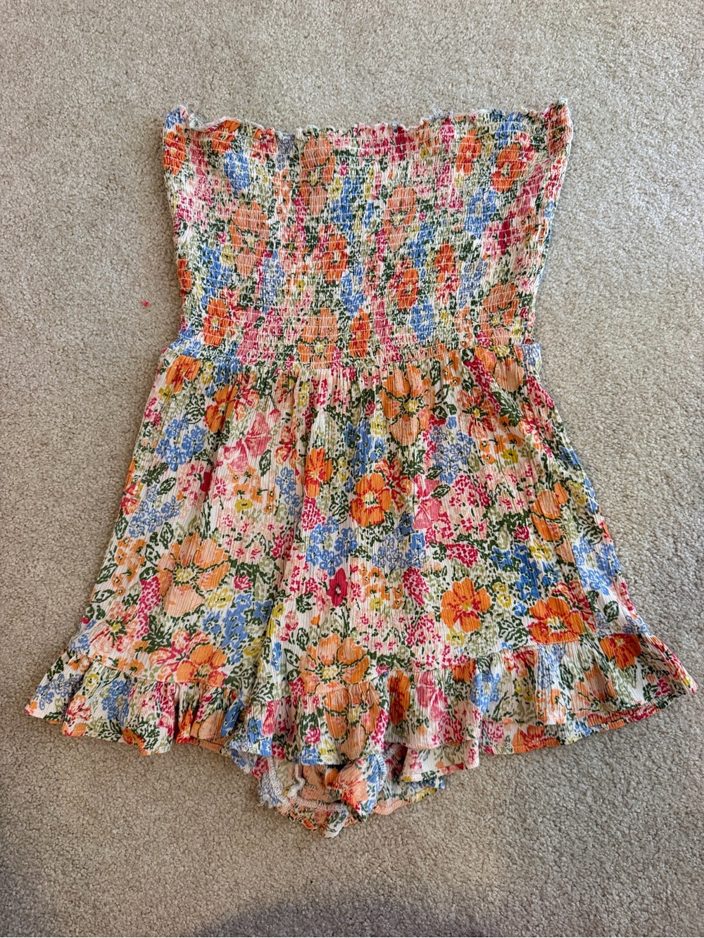Angie Floral Smocked Strapless Romper in Pink, Blue, Green